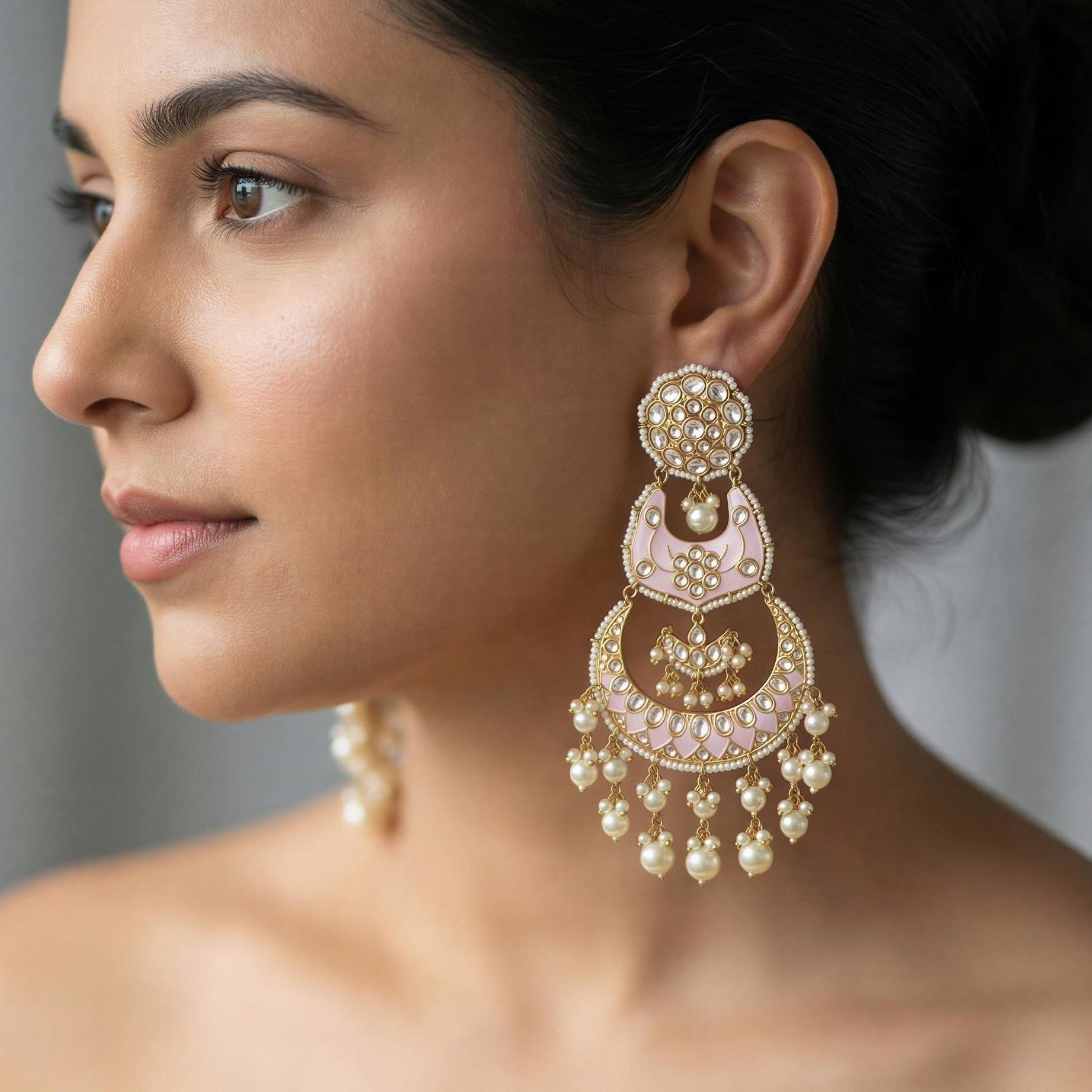 Woman wearing Pink Kundan earrings 