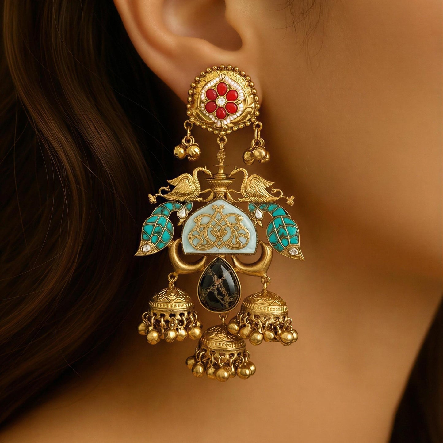 Statement Kashmiri Jhumka  - Turquoise (4.5 inches)