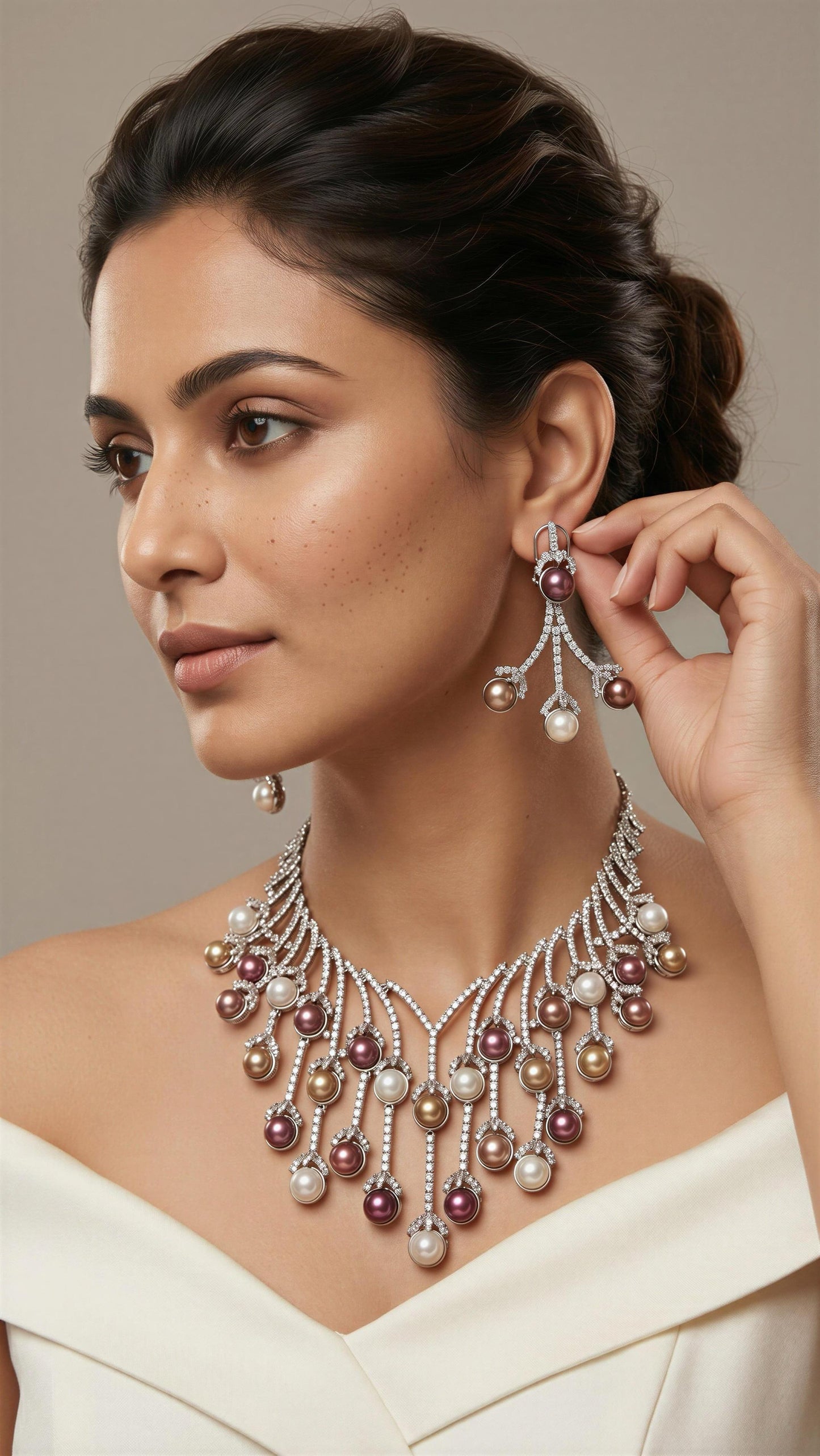 Contemporary CZ & Swarovski Pearls Necklace Set