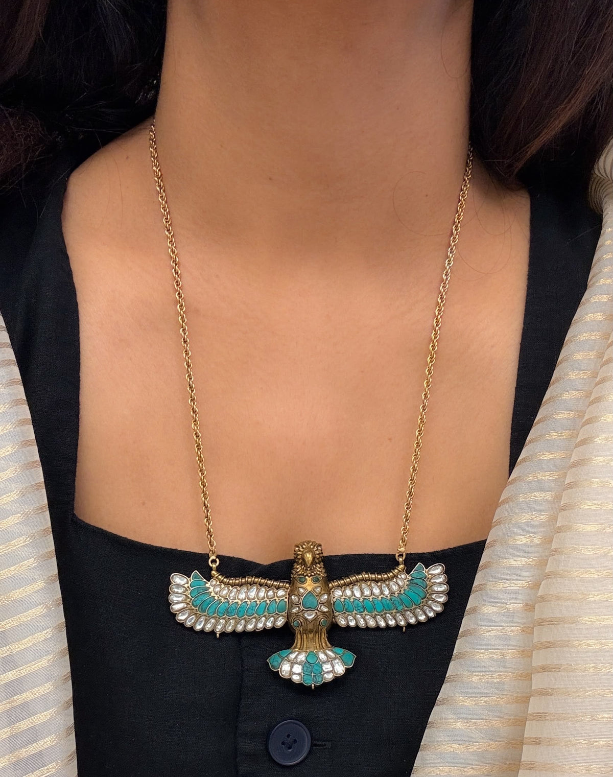 Vintage Gold Jadau Garuda Necklace - Turquoise