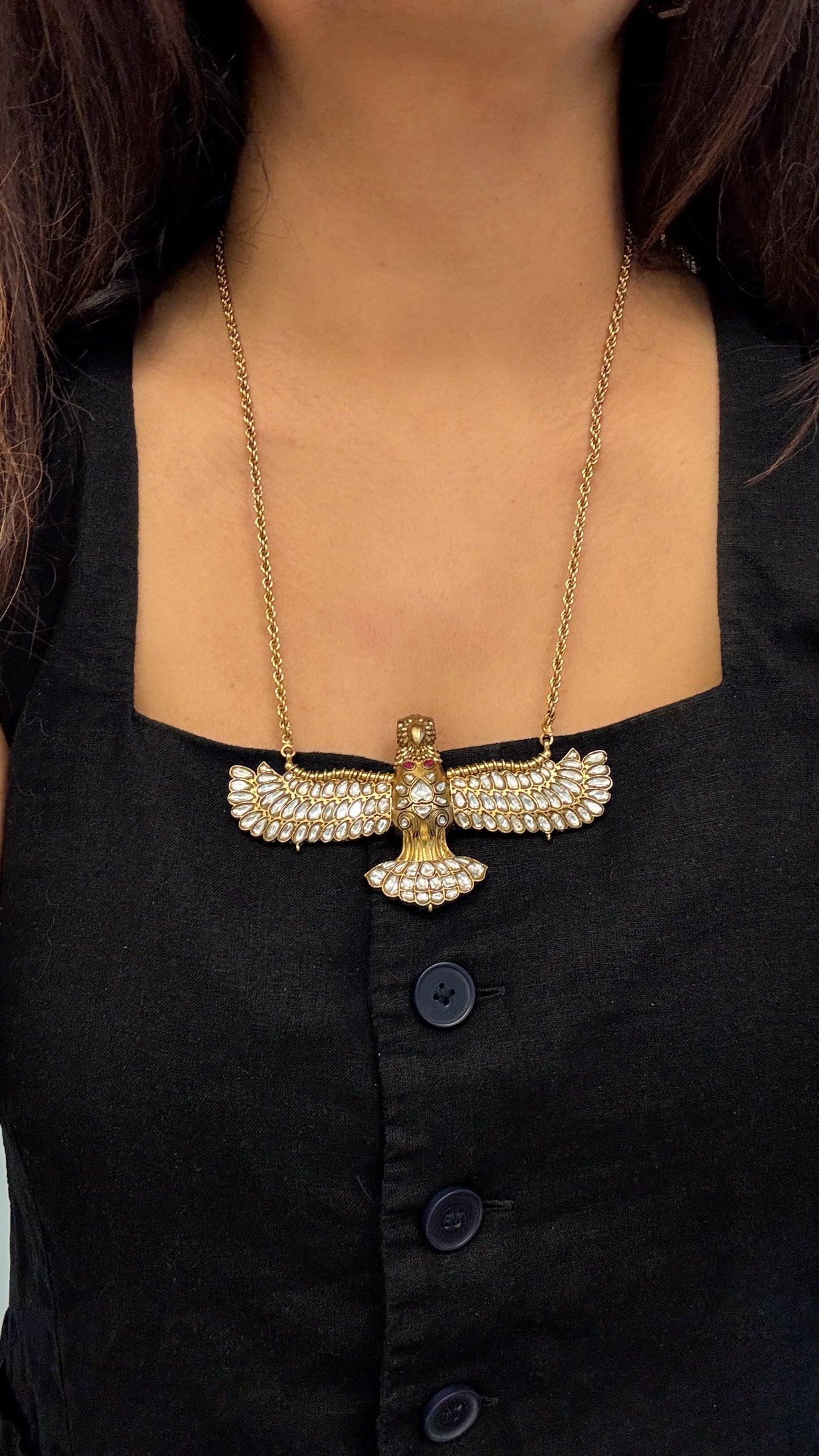 Vintage Gold Jadau Garuda Necklace -Clear & Multi