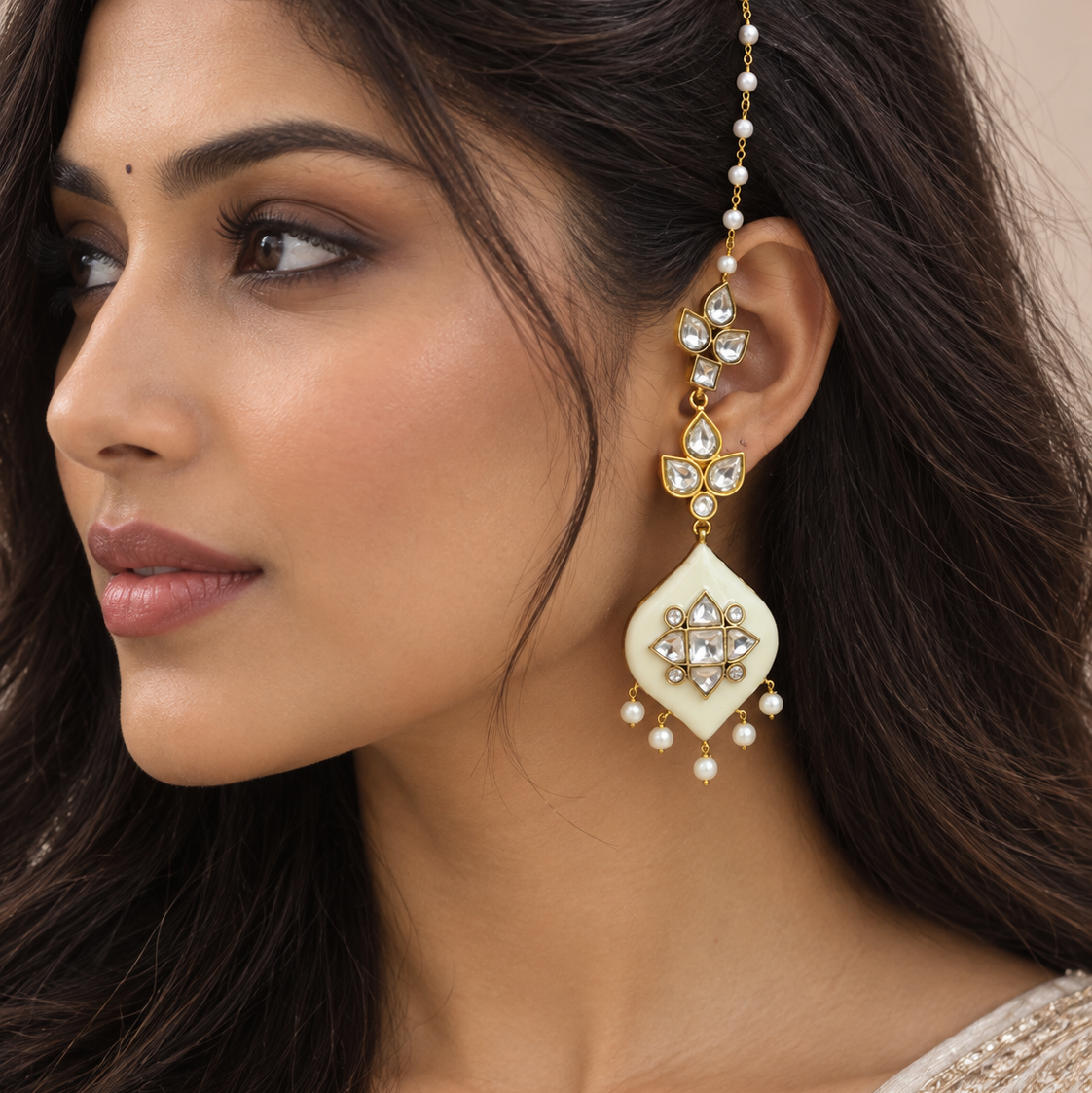 Deepa Enamel Jadau Kundan Earrings - Ivory
