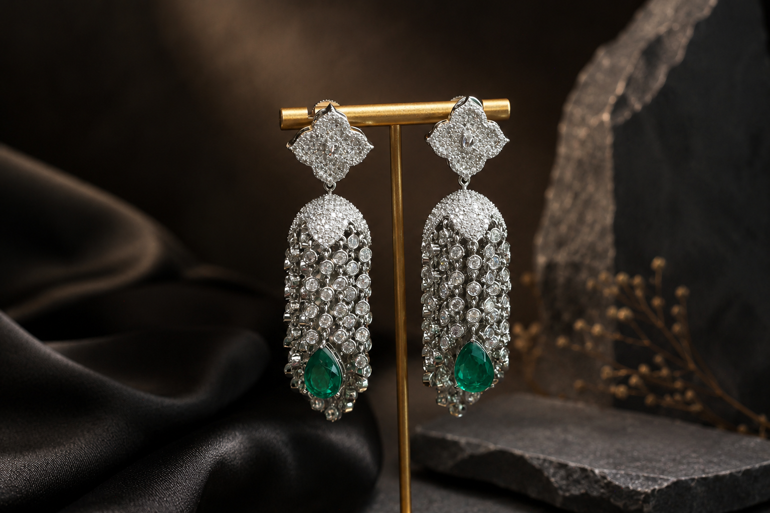 Kajal CZ Tassel Jhumka - Emerald