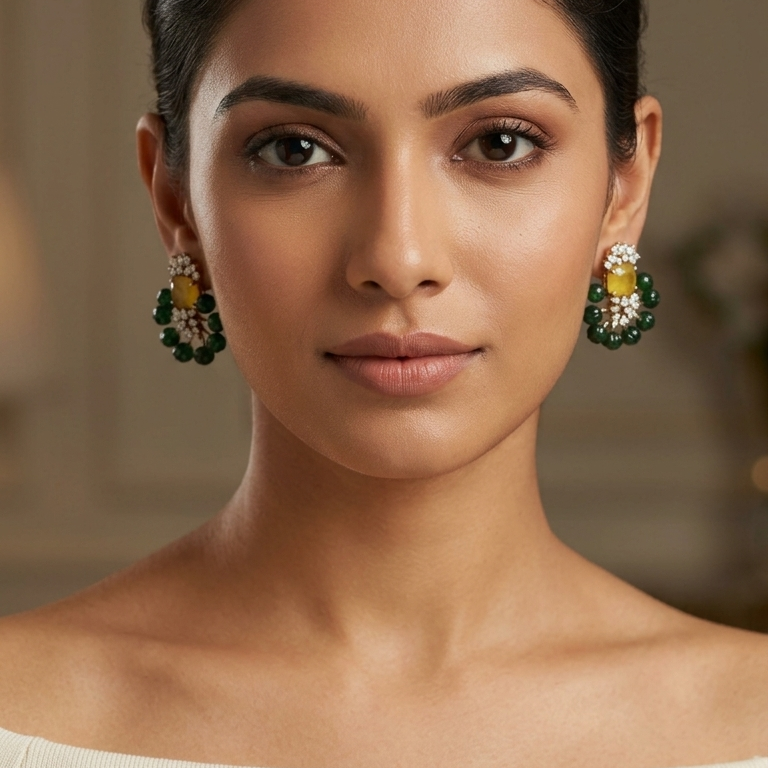 CZ, Doublet & Melon Beads Studs - Yellow