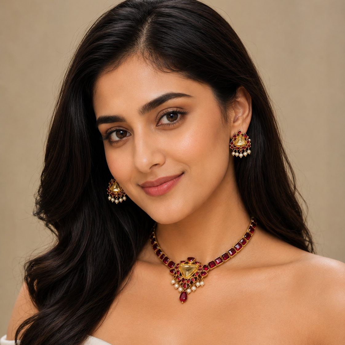 Suvarna Real Rhodiolite, Fresh Water Pearls & Yellow Polki Kundan Set