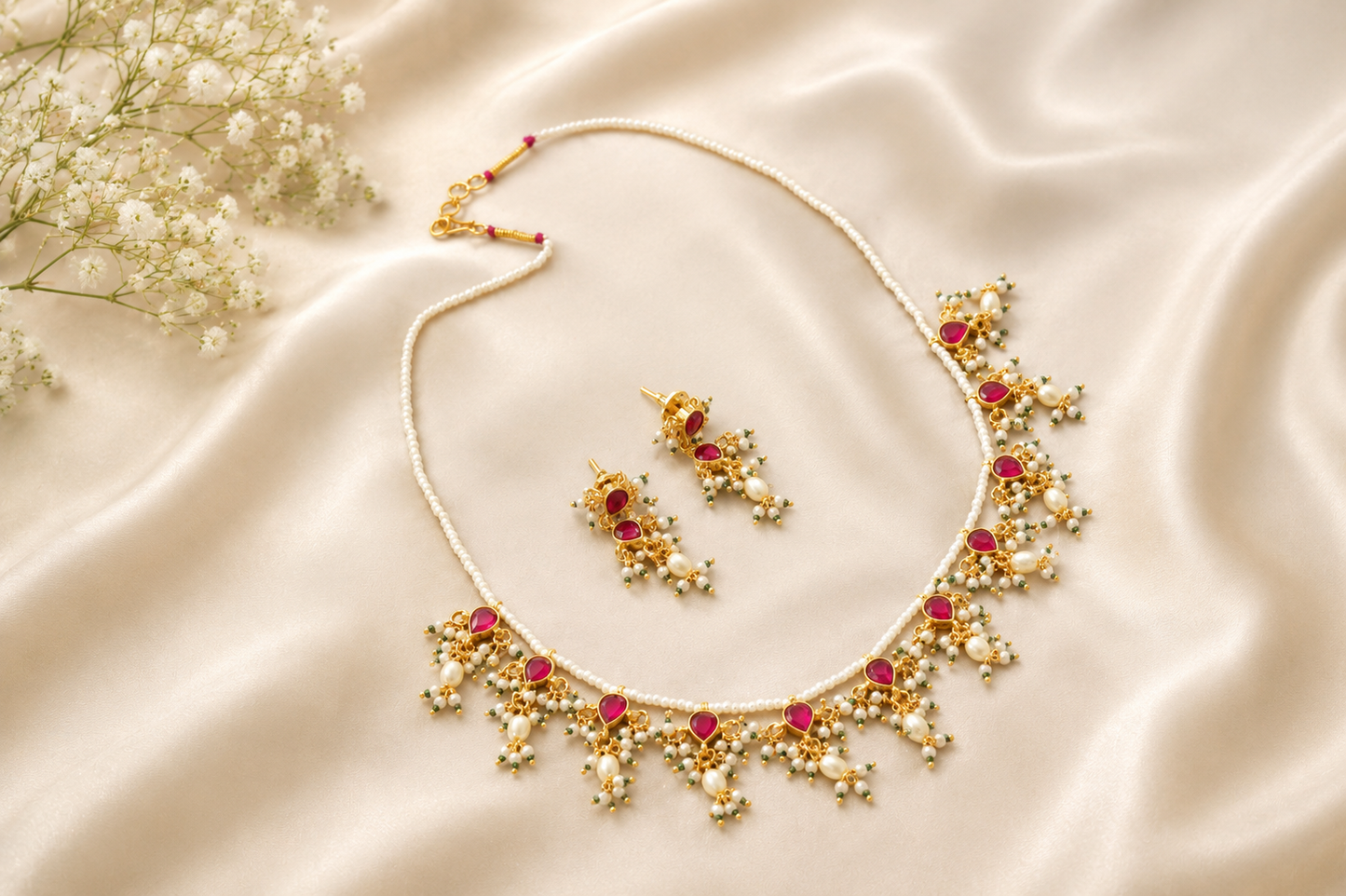 Dainty Pachi Kundan Set  - Ruby
