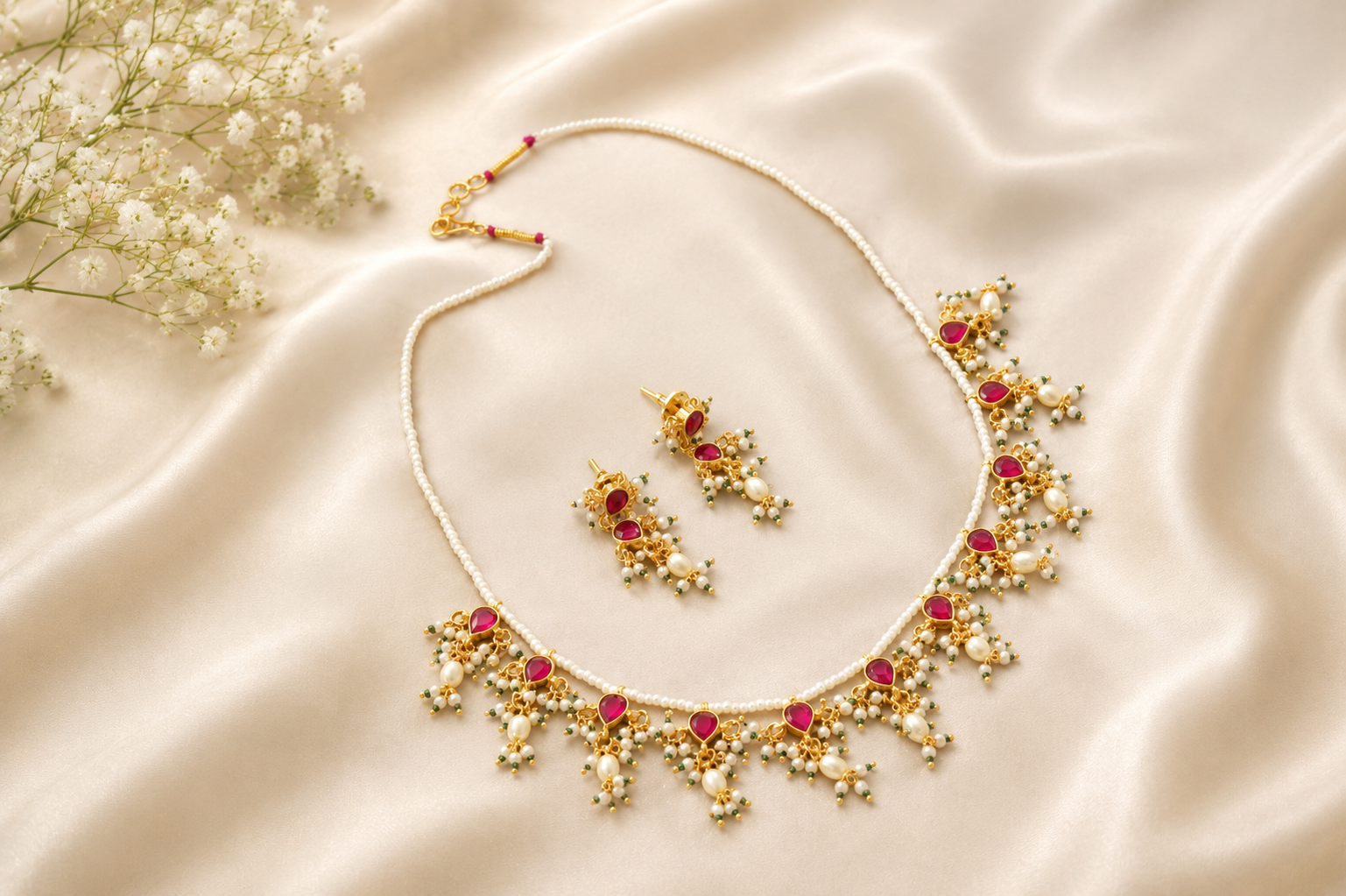 Dainty Pachi Kundan Set  - Ruby