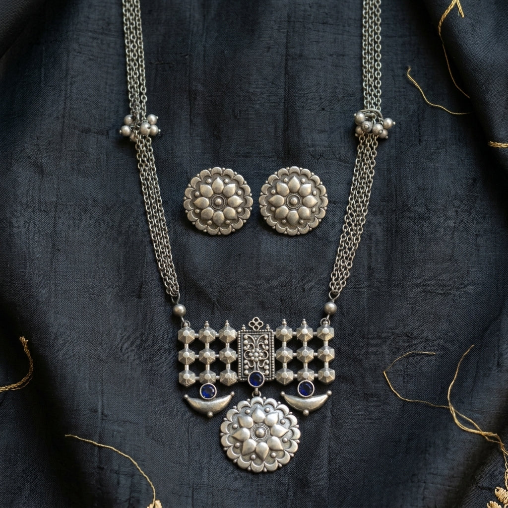 Sana Oxidized Silver Look Necklace Set -Blue