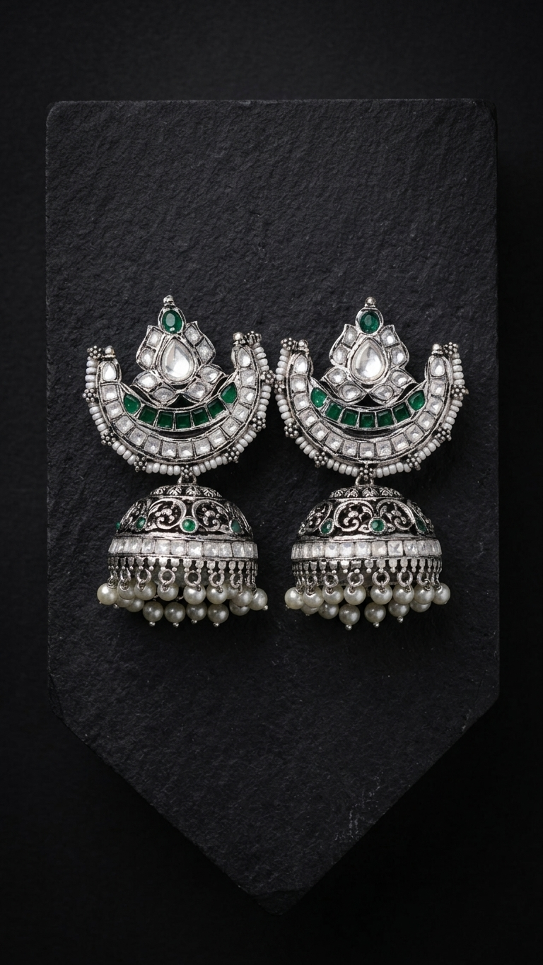 Silver Plated Real Moissanite Jhumka - Green