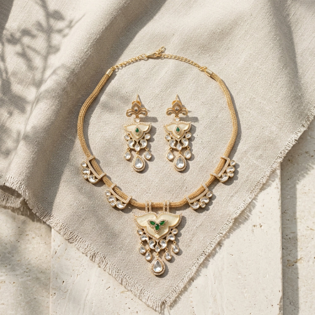 Kundan Polki CZ & MOP Necklace Set - Green