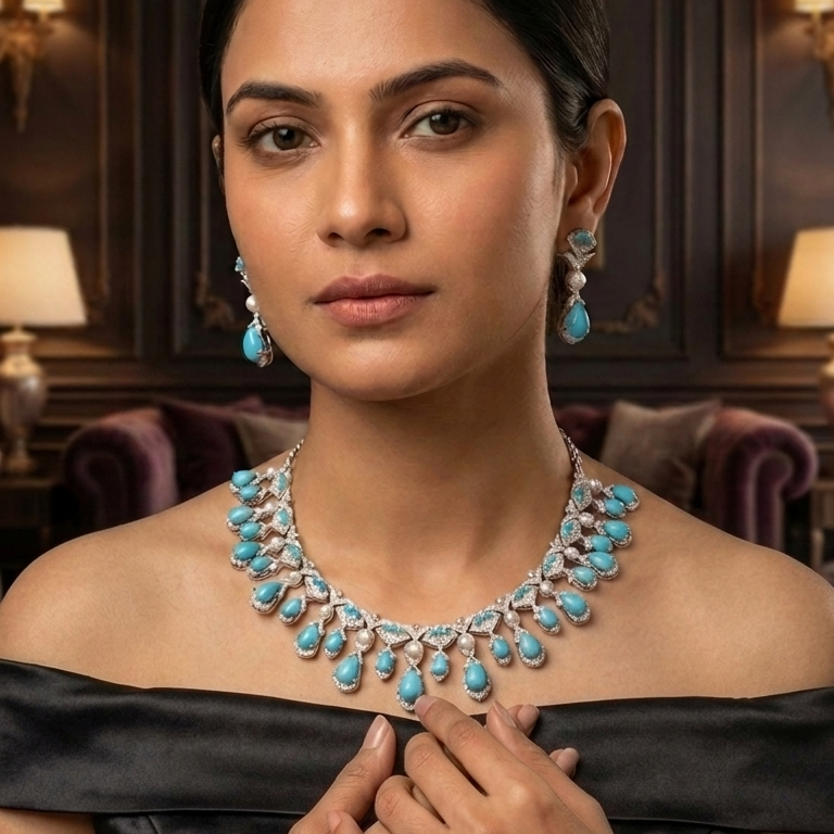 Dia Turquoise Stones, Pearls  & CZ Necklace Set