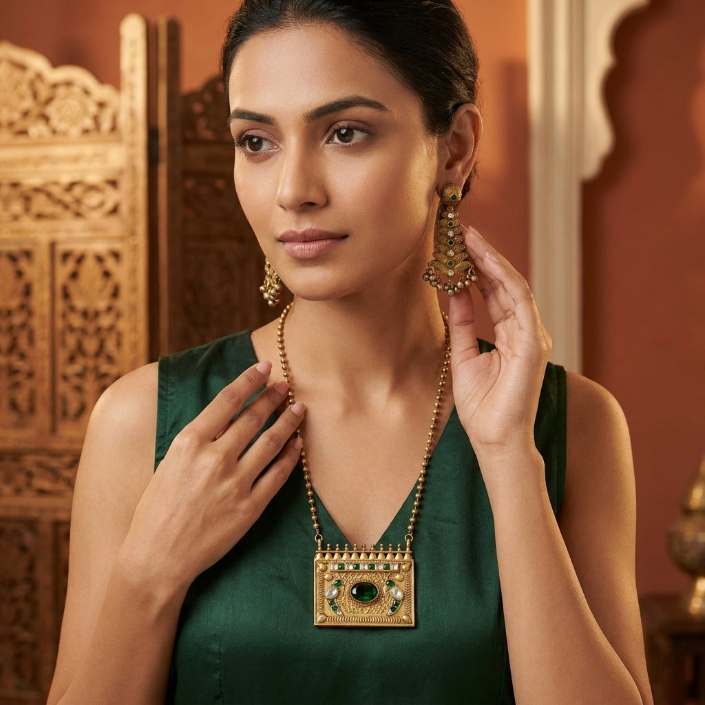 Antique Peacock Necklace Set - Green
