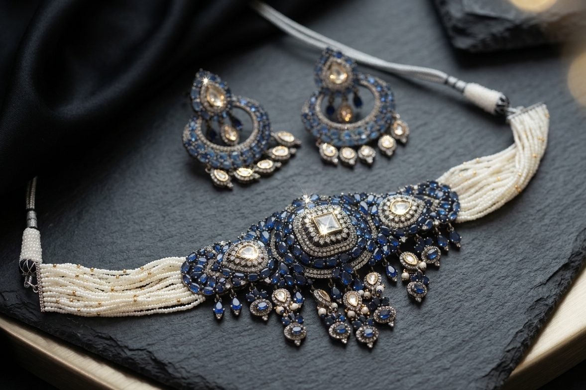 Neelam CZ & Kundan Polki Necklace Set