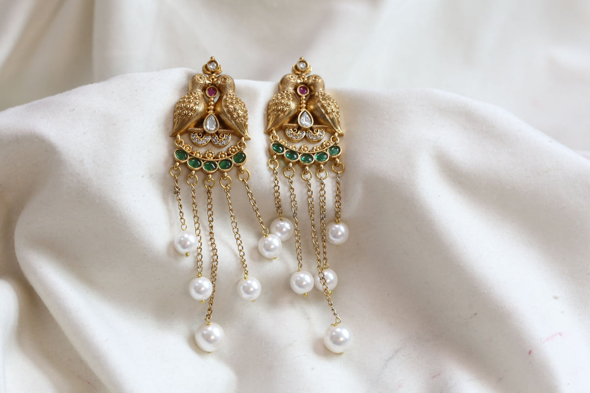 Antique Gold Mayura Tassel Earrings - Green