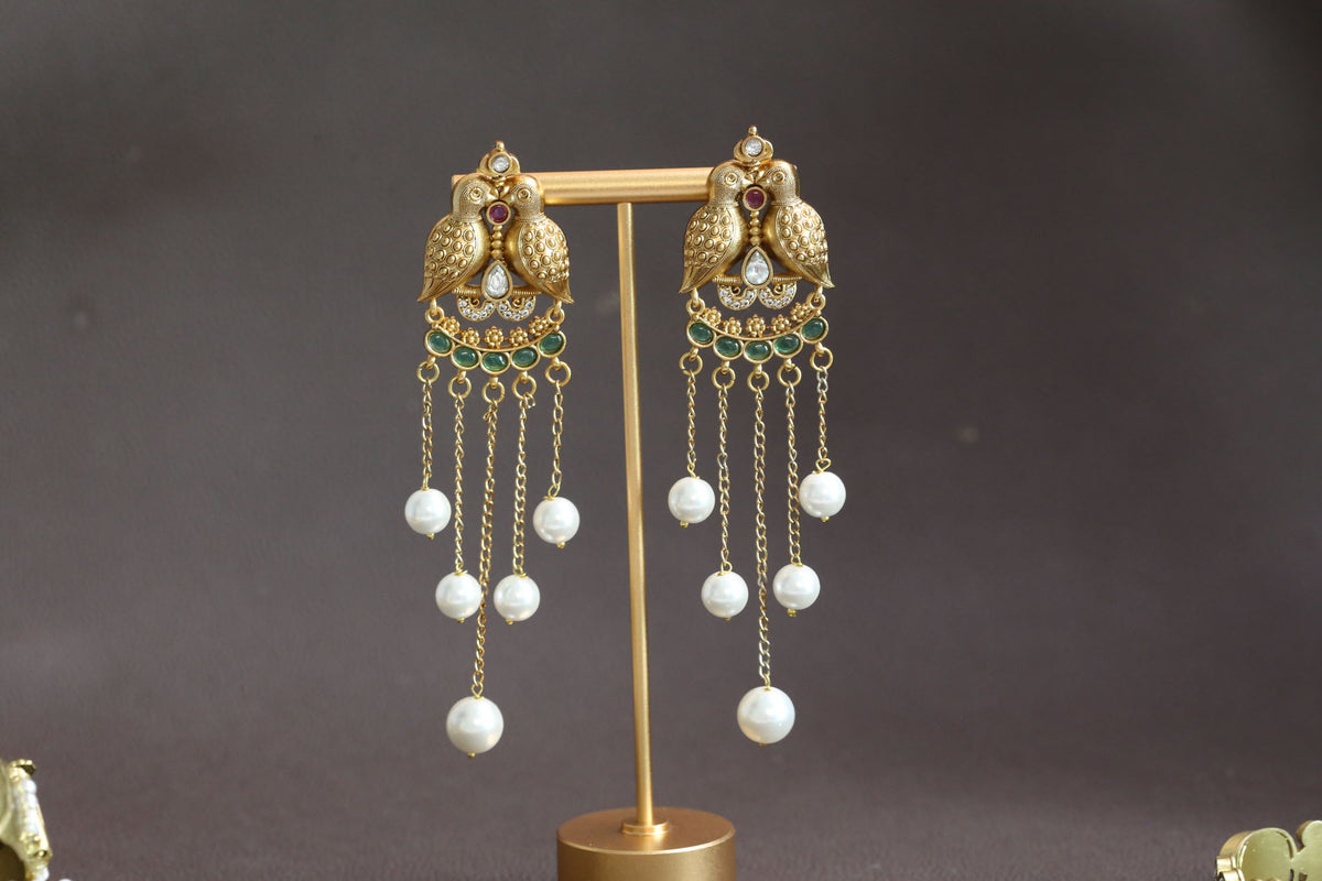 Antique Gold Mayura Tassel Earrings - Green