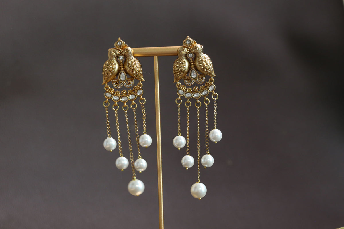 Antique Gold Mayura Tassel Earrings - Green