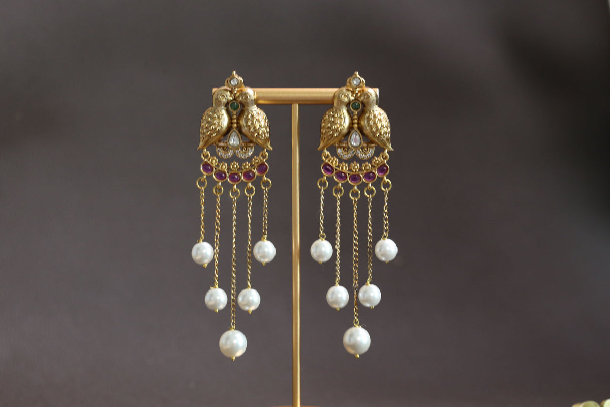 Antique Gold Mayura Tassel Earrings - Red