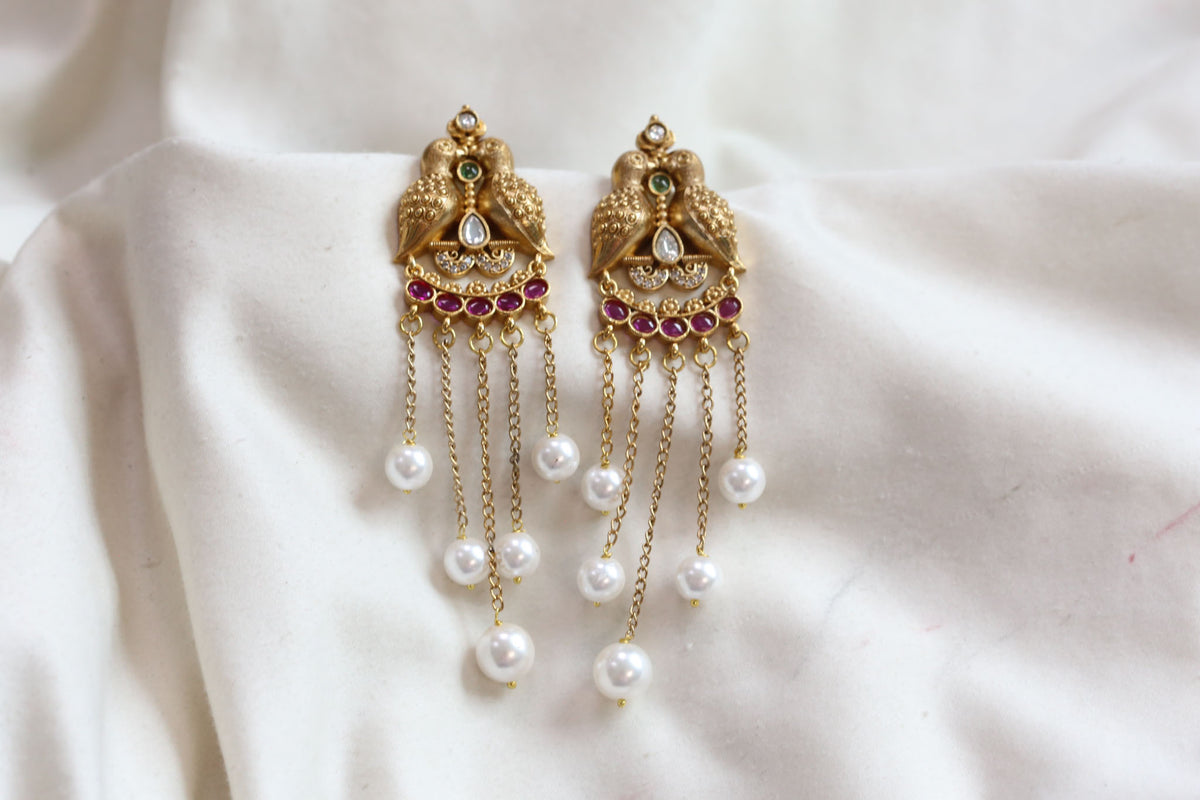 Antique Gold Mayura Tassel Earrings - Red