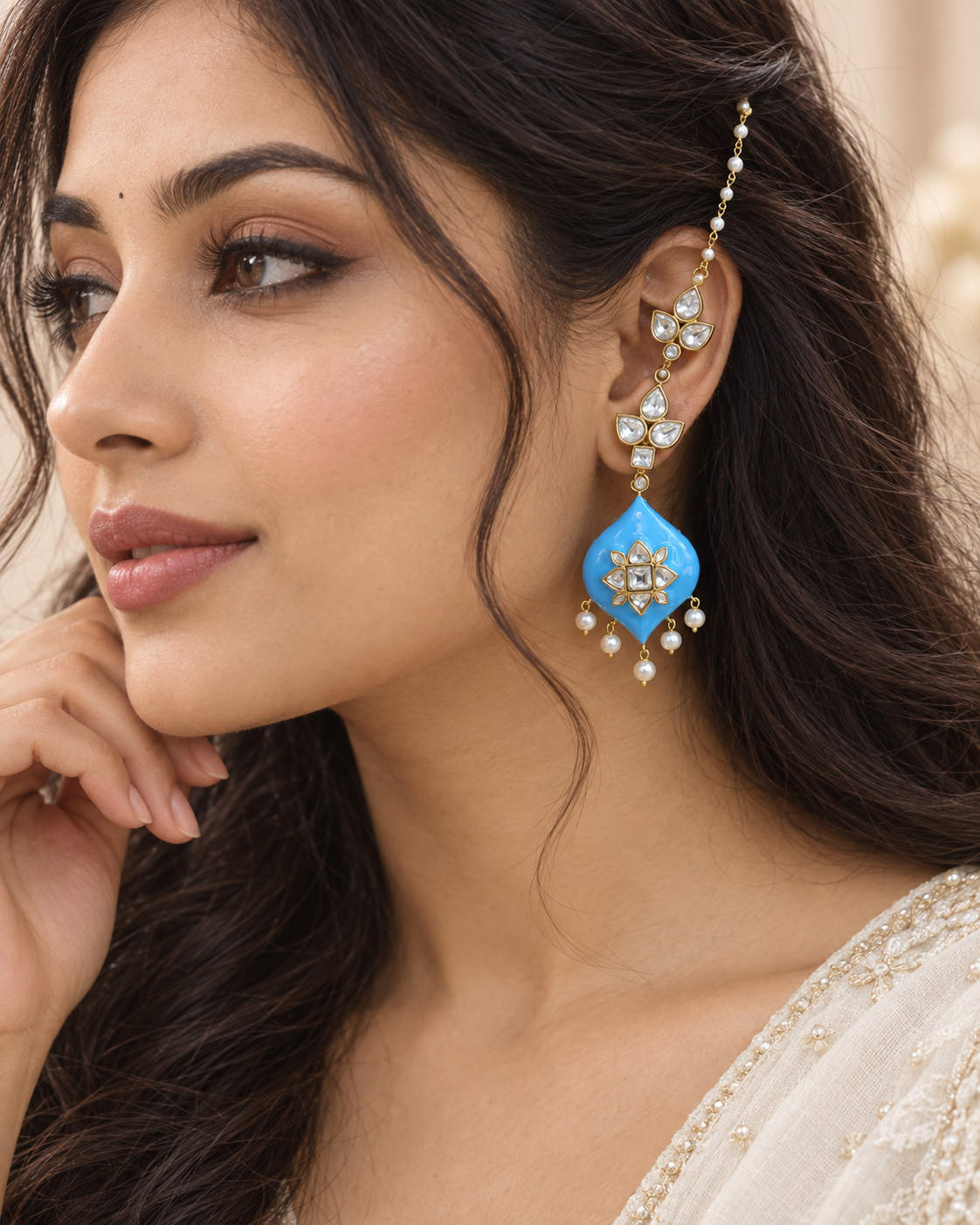 Deepa Enamel Jadau Kundan Earrings - Turquoise