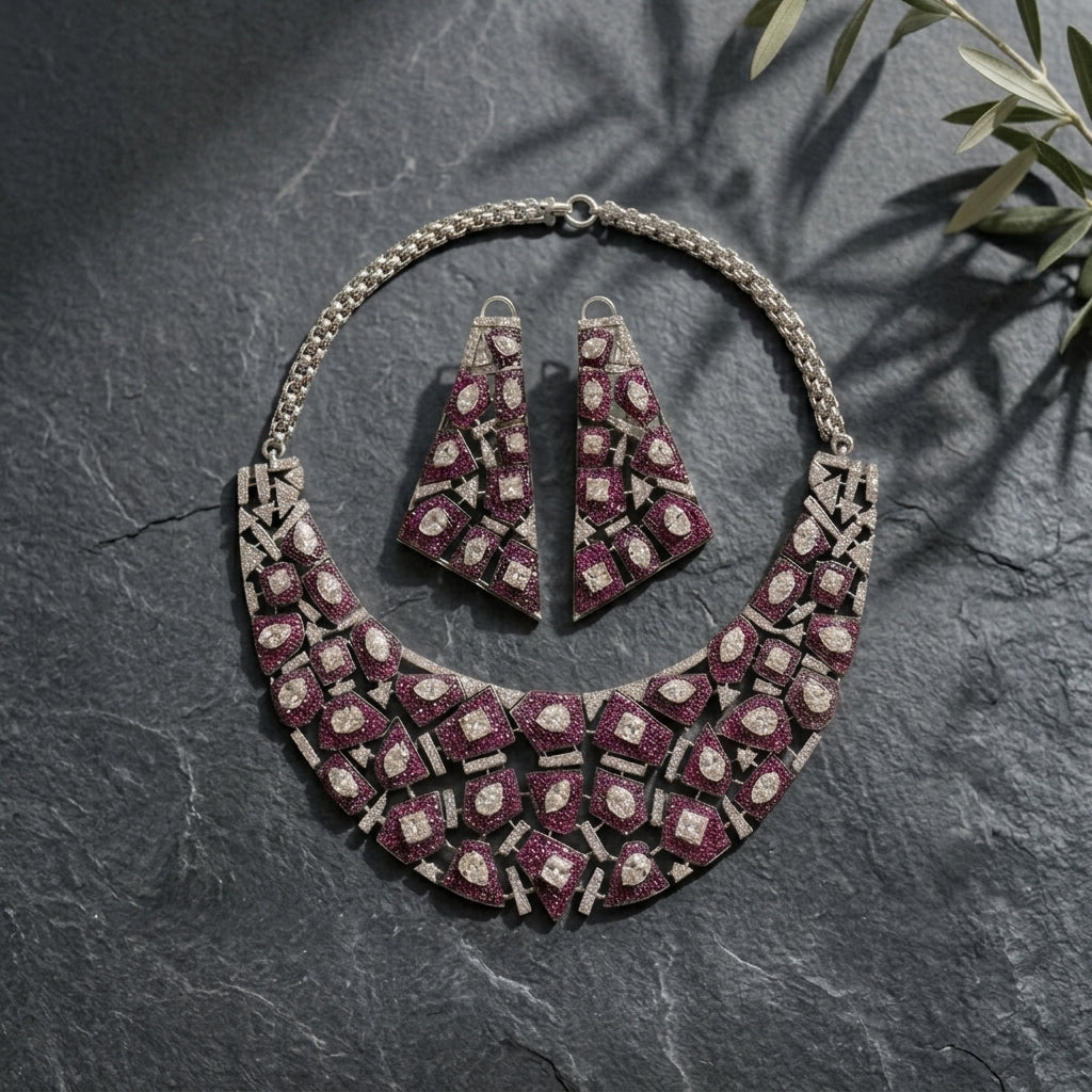 Pave Setting Micro CZ Jahaan Necklace Set - Ruby