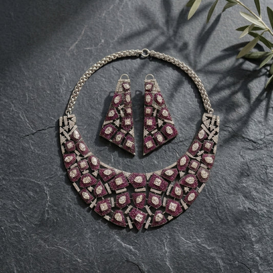 Pave Setting Micro CZ Jahaan Necklace Set - Ruby