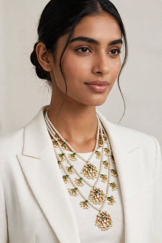 Niloufer Teen Lada Jadau Kundan Necklace - Green