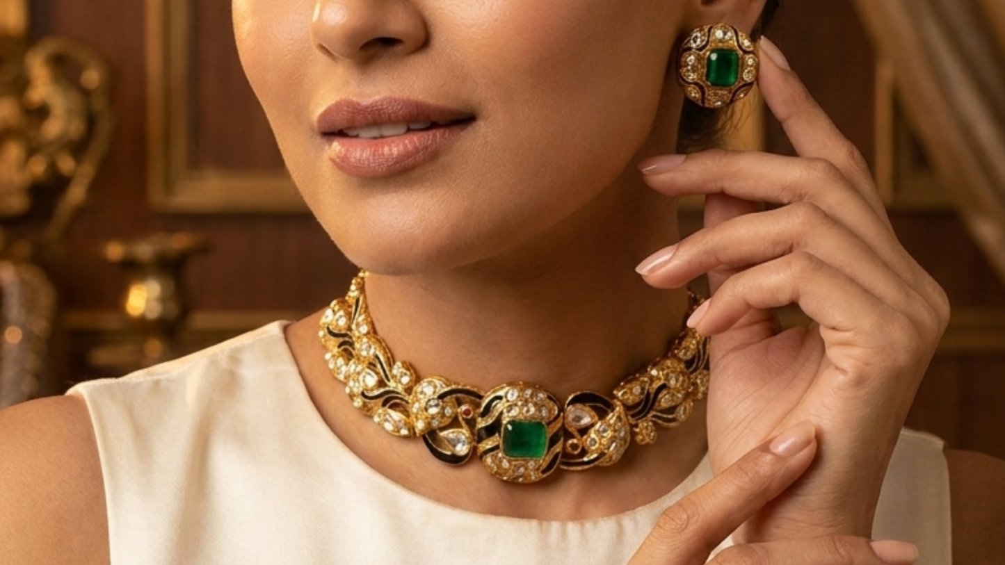 Woman wearing handcrafted Kundan jewelry set