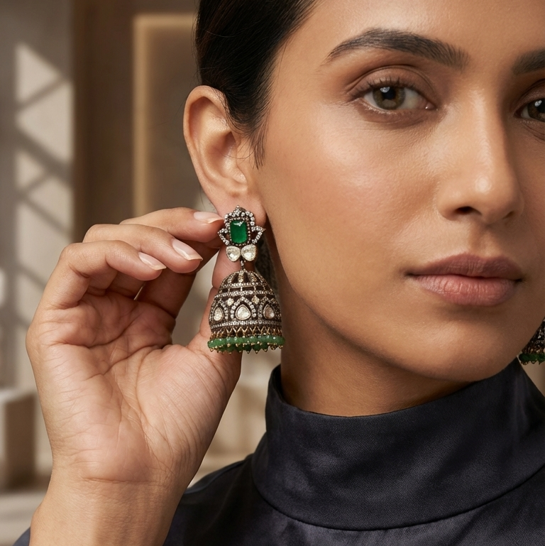 Victorian Mehndi Polish Moissanite CZ Jhumka