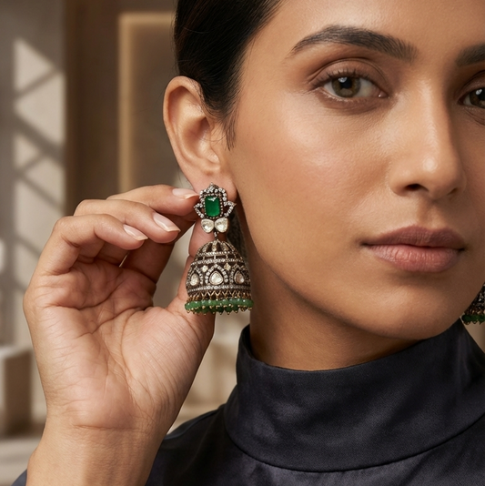 Victorian Mehndi Polish Moissanite CZ Jhumka