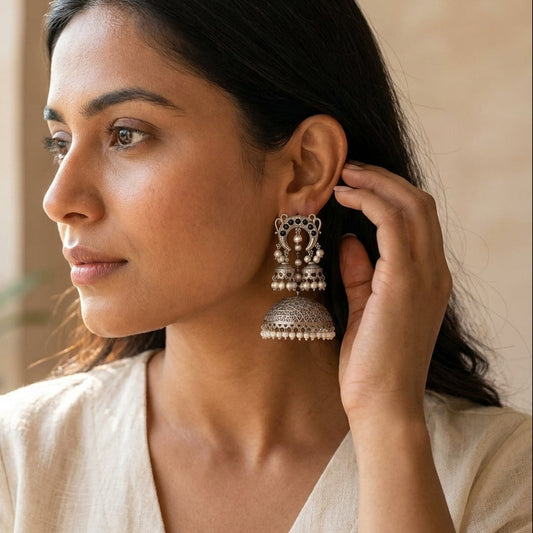 Layered Silver Tone Earrings - Black