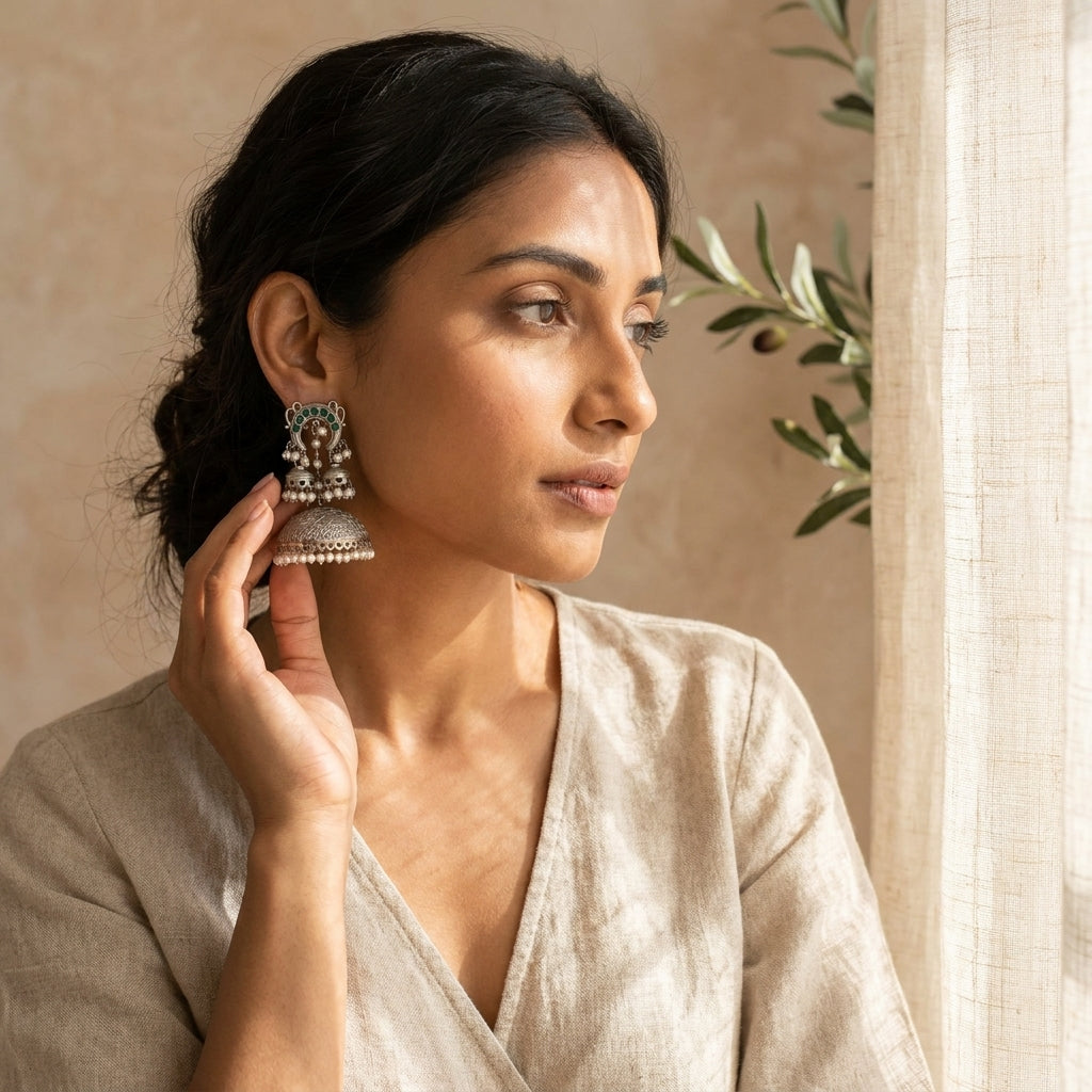 Layered Silver Tone Earrings - Green