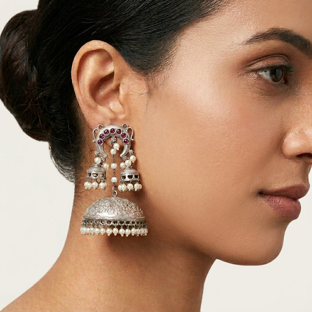 Layered Silver Tone Earrings - Red