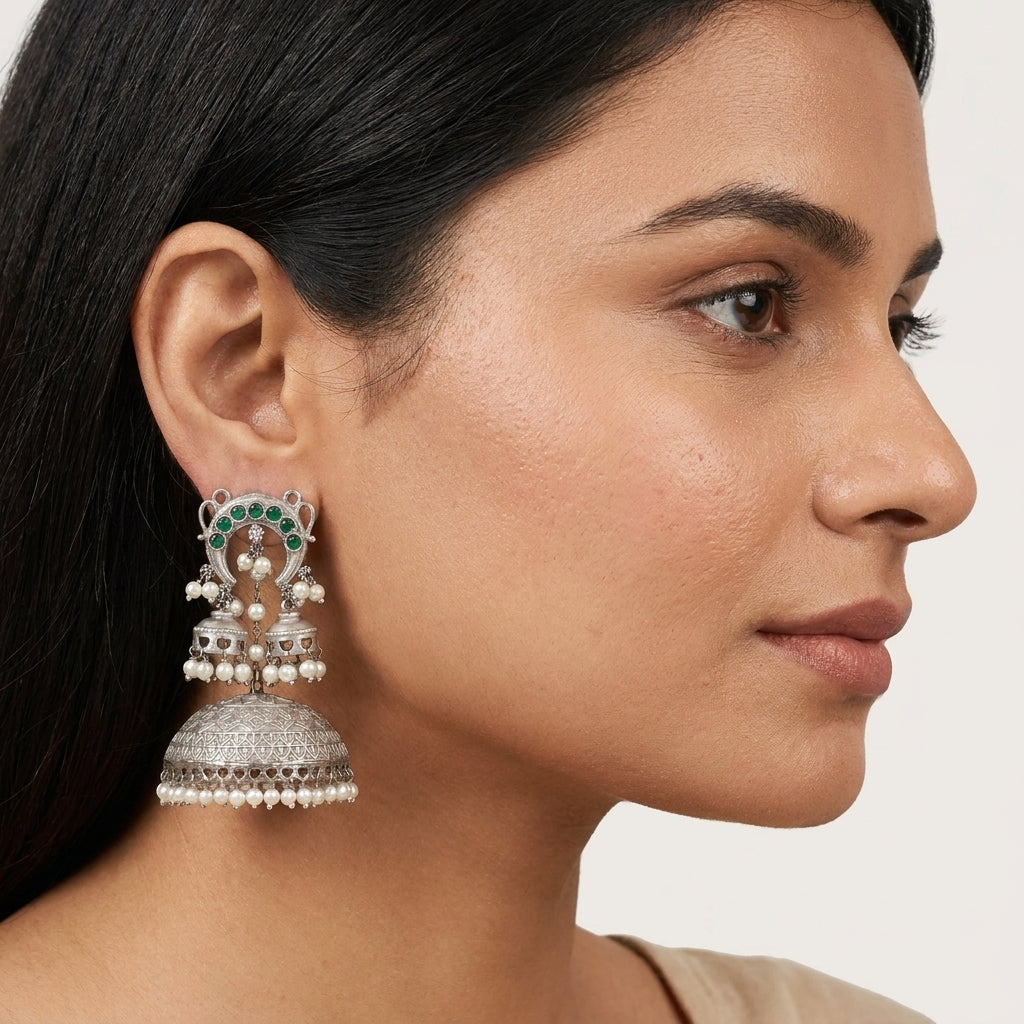 Layered Silver Tone Earrings - Green