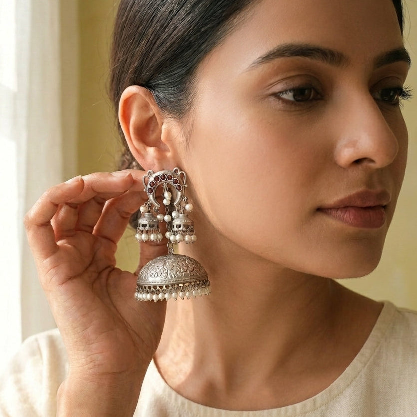 Layered Silver Tone Earrings - Red