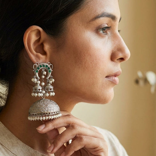 Layered Silver Tone Earrings - Green