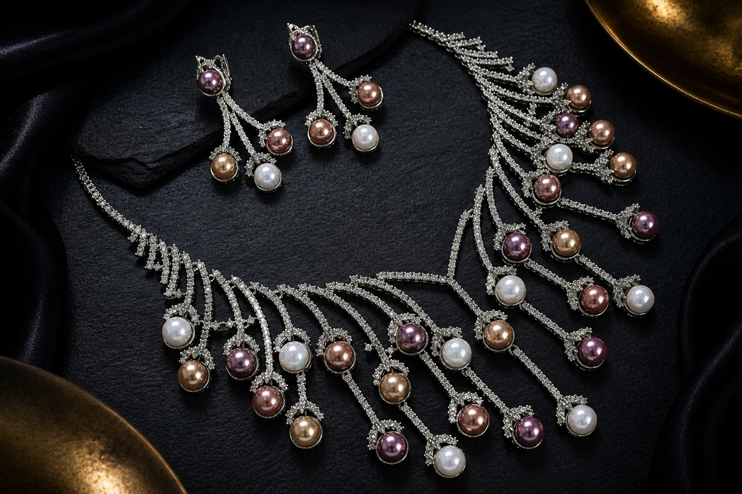 Contemporary CZ & Swarovski Pearls Necklace Set
