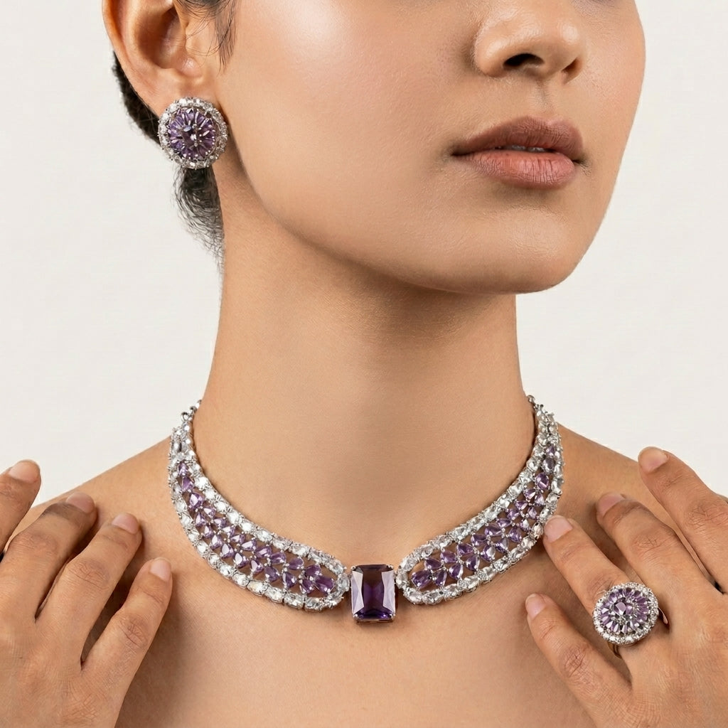 Lavender CZ Necklace, Earrings & Ring Set