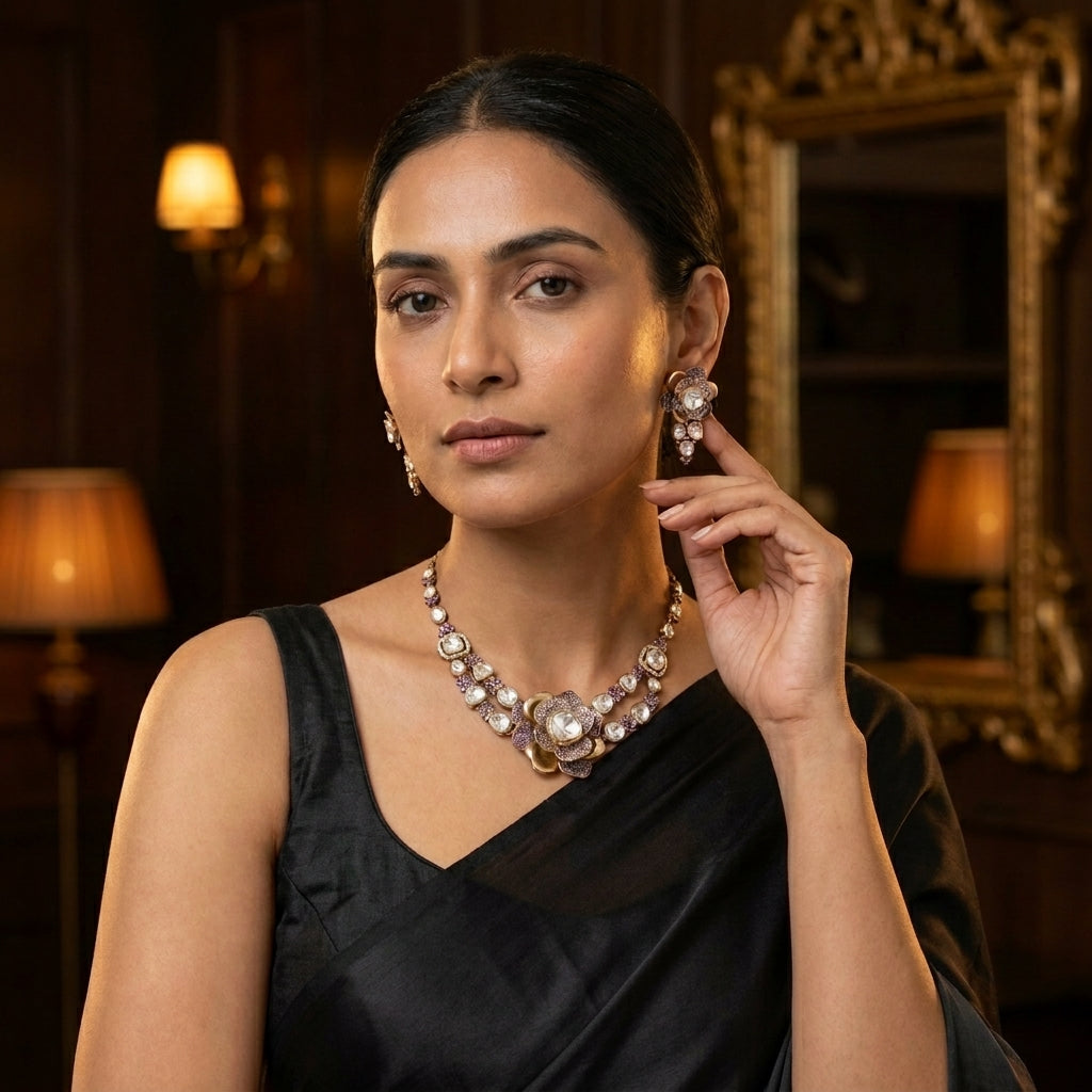 Contemporary 3D Look CZ & Polki Set Necklace Set - Lavender