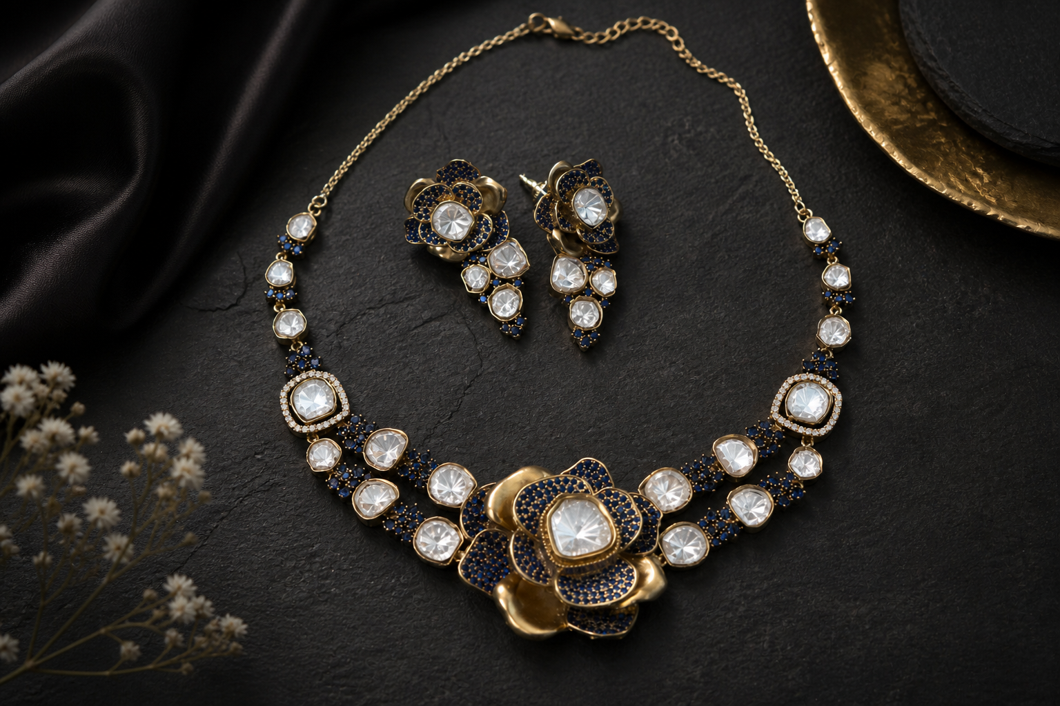 Contemporary 3D Look CZ & Polki Set Necklace Set - Blue