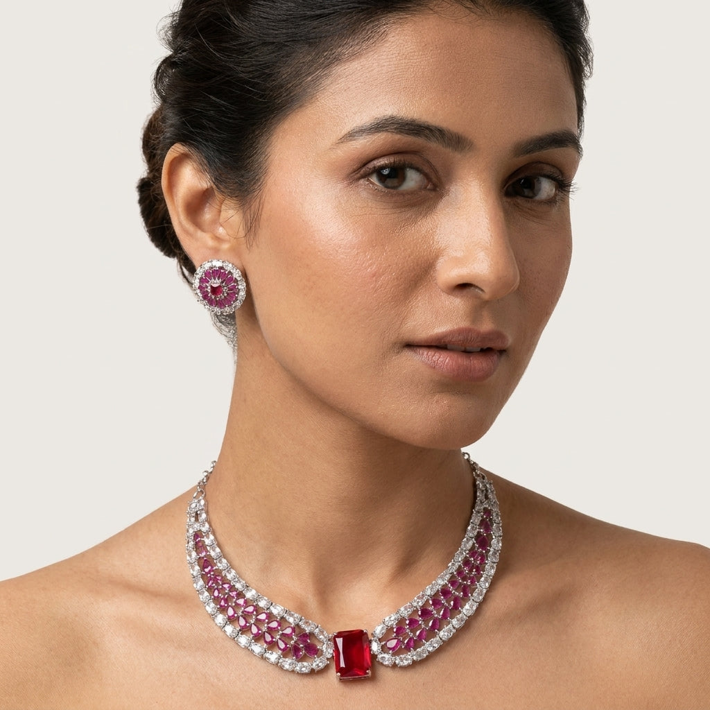Ruby CZ Necklace, Earrings & Ring Set