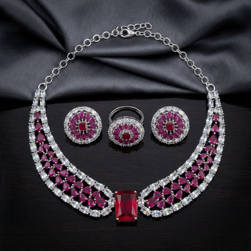 Ruby CZ Necklace, Earrings & Ring Set