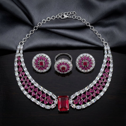 Ruby CZ Necklace, Earrings & Ring Set