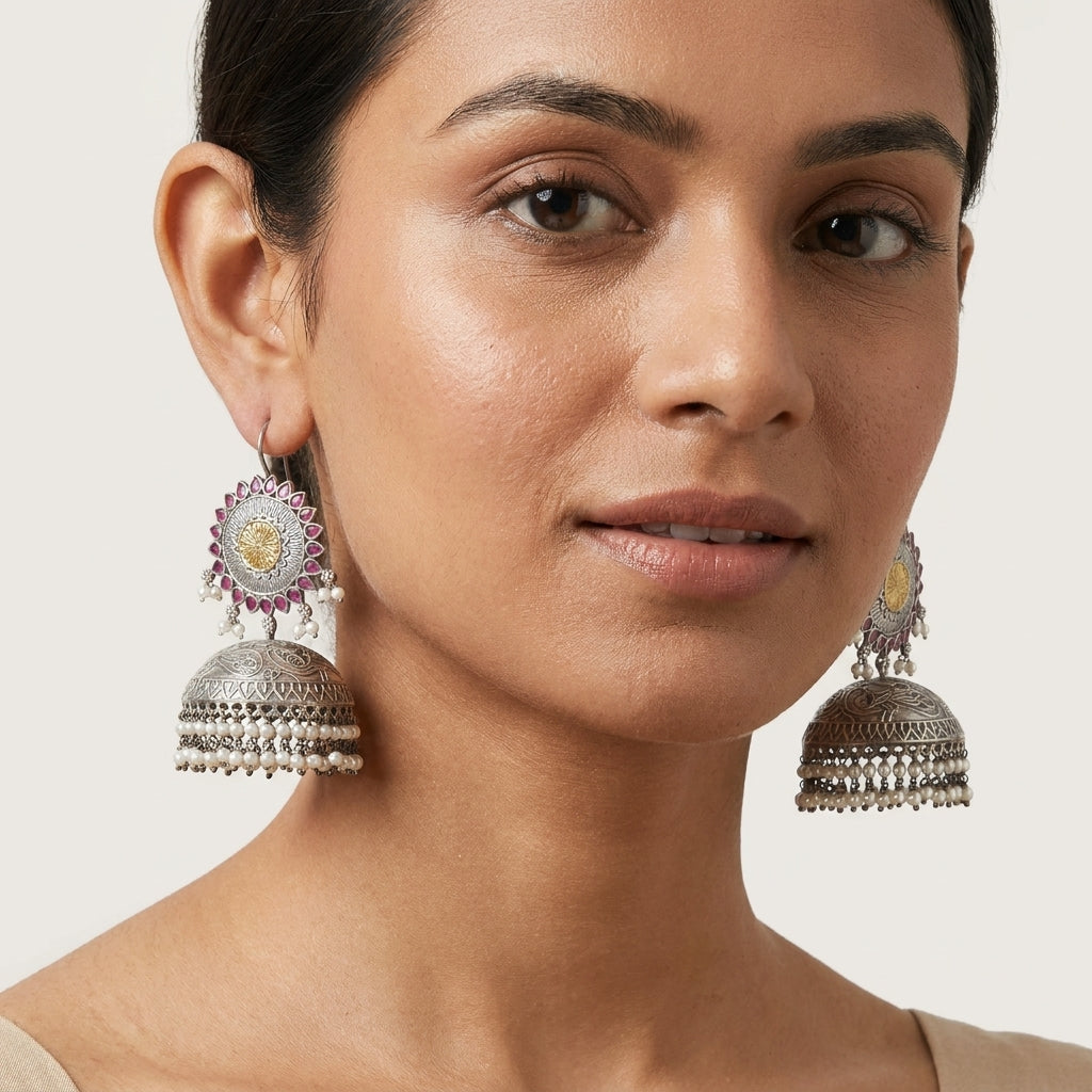 Fish Hook Dual Tone Earrings - Ruby