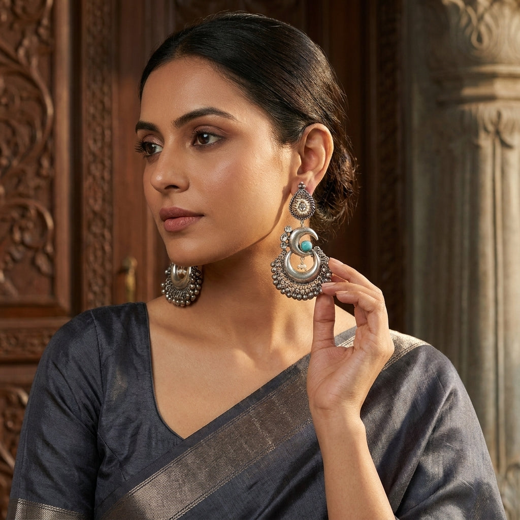 Chandrika Oxidized Chandbaali - Turquoise