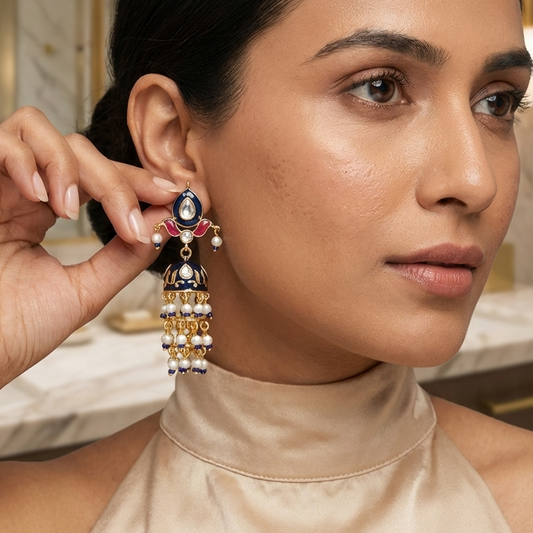 Jadau Kundan Meenakari Jhumka - Blue