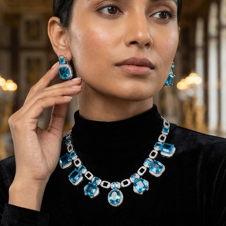 Premium Aqua Blue CZ Necklace Set