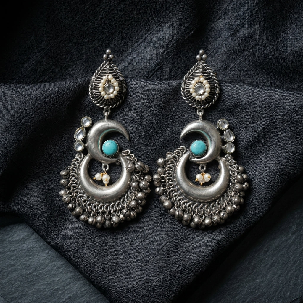 Chandrika Oxidized Chandbaali - Turquoise