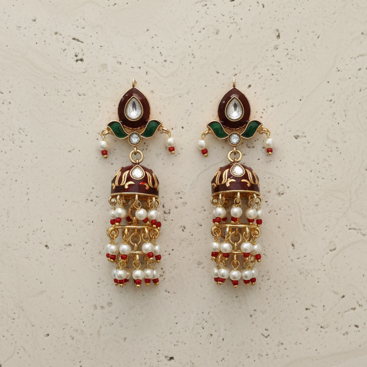 Jadau Kundan Meenakari Jhumka - Red