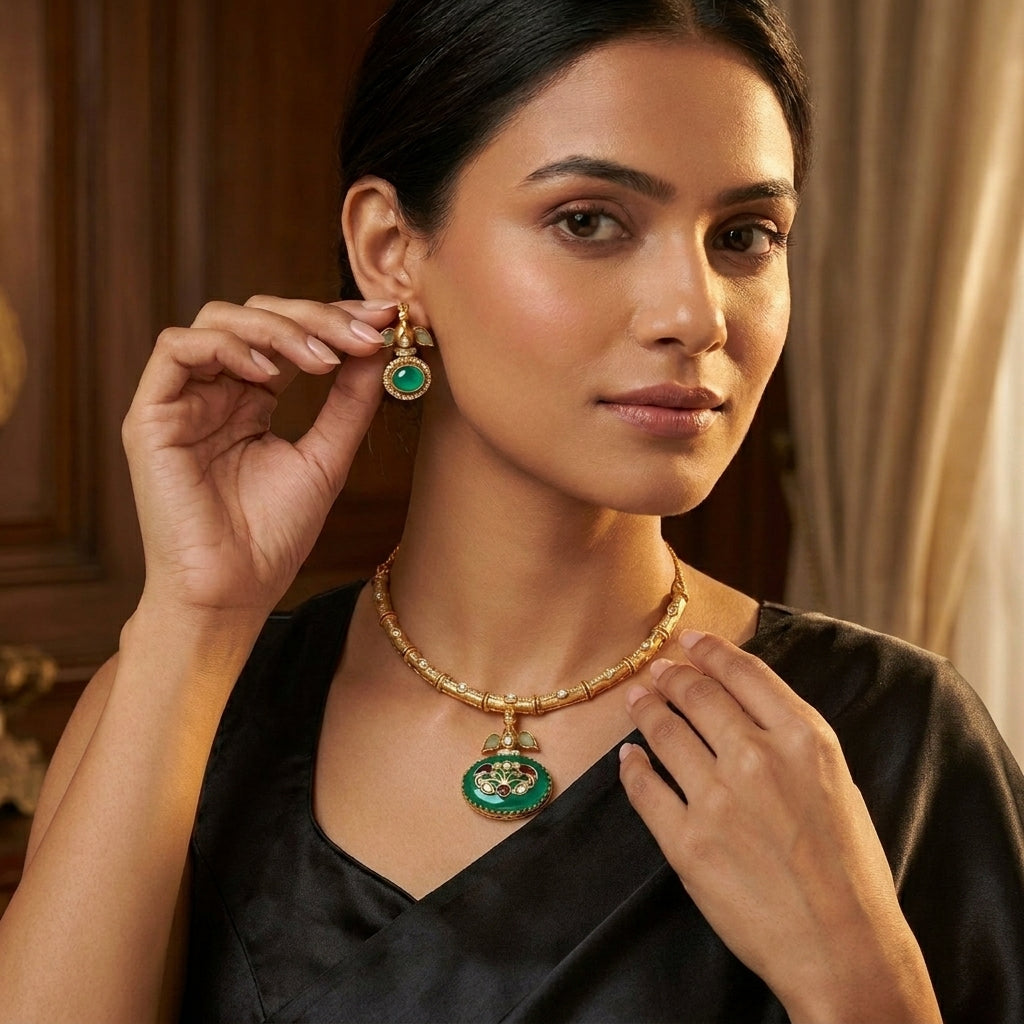 Inlay kundan Polki Necklace Set -Mint