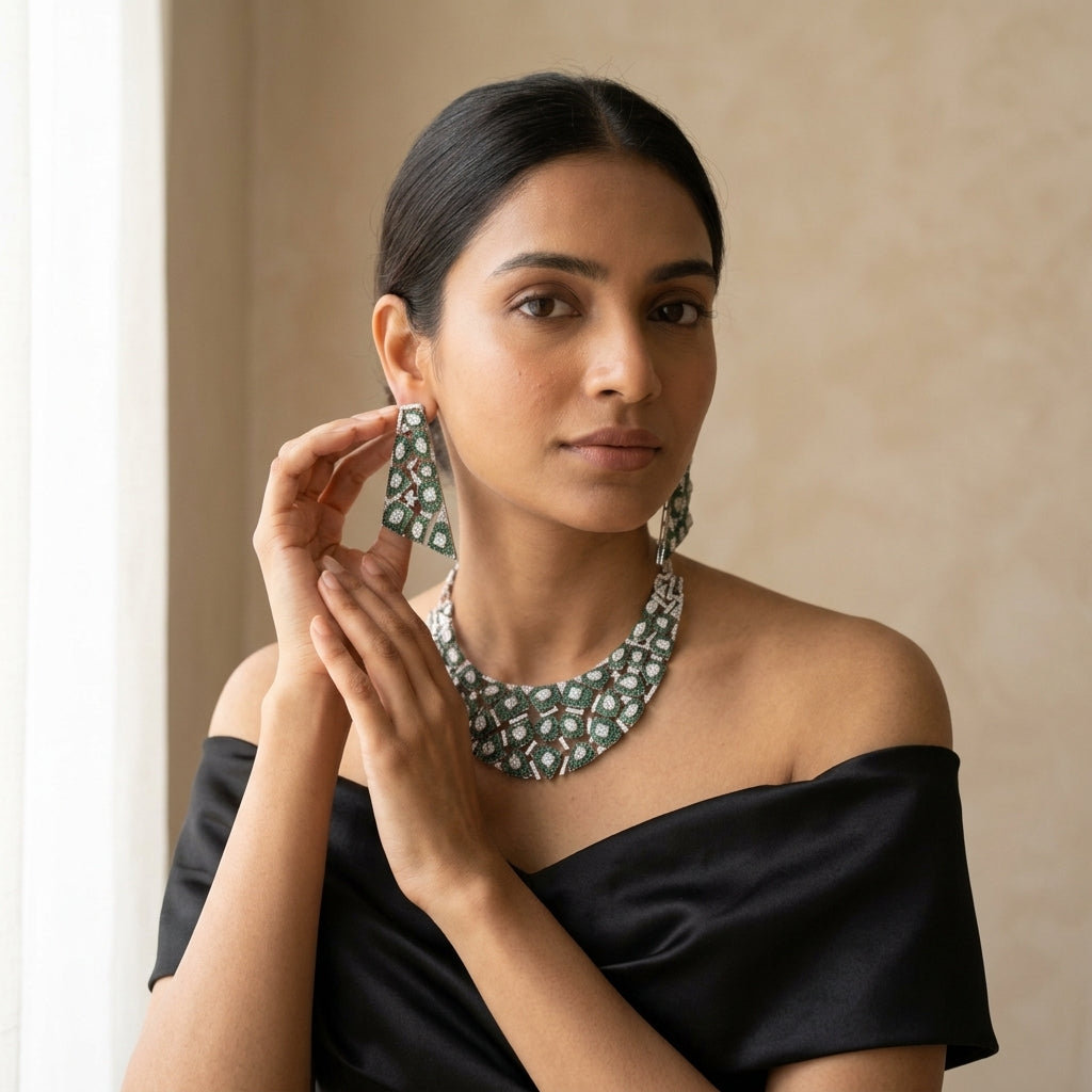 Pave Setting Micro CZ Jahaan Necklace Set - Green